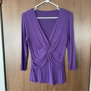 Purple Woven Jersey Women's Waist Defining V Neck Top